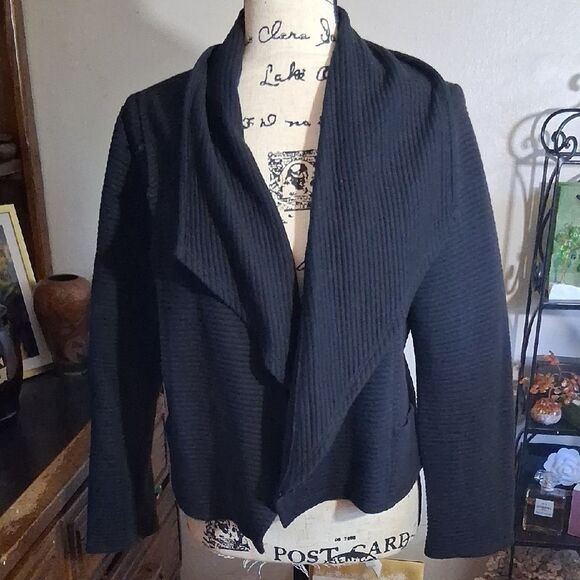 Anthropologie DOLAN Black Ribbed Open Front Draped Cropped Blazer Jacket Large - Picture 2 of 10